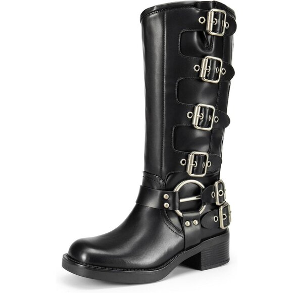 ⚡Women's Black Polyurethane Knee High Riding Side Zipper Chunky Heel Boots - Picture 1 of 7